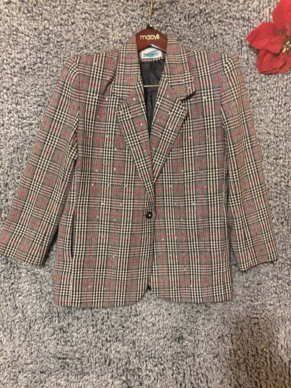 Susan Graver Vintage Plaid Rhinestone Embellished Blazer Jacket Black White Red